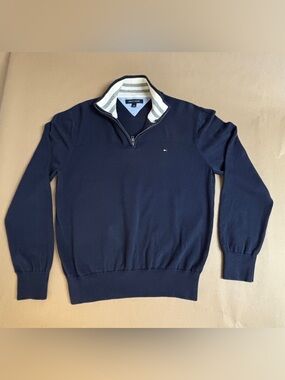 Tommy Hilfiger Quarter Zip Sweater Navy Striped Collar Men’s Large